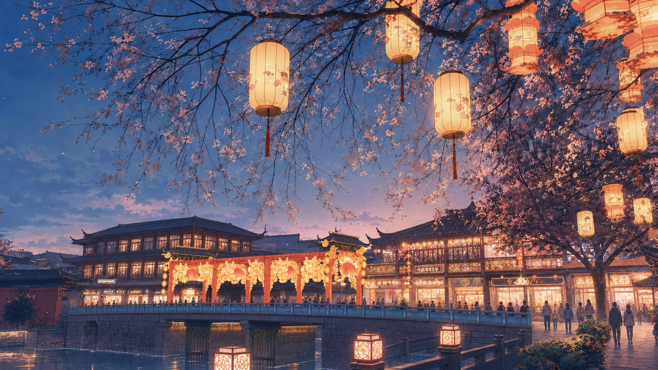 夜色里点亮灯火的城市街景